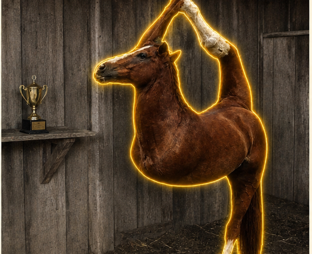 Splitstallion beside a trophy